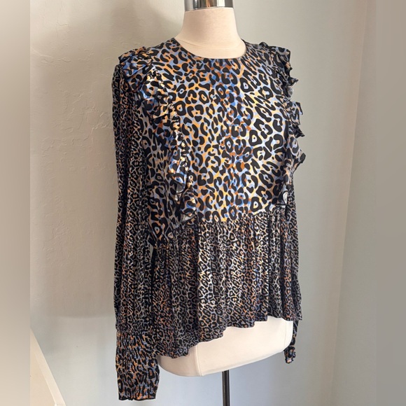 BL^NK Anthropologie Moira Ruffled Peplum Leopard Print Top, Blue Brown Black, L - Picture 4 of 8